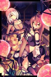 Rule 34 | 2girls, ahoge, alternate costume, antlers, bikini, black bikini, black choker, black nails, book, book stack, braid, braided bangs, branch, brown eyes, brown hair, ceres fauna, choker, crop top, crossed bangs, detached sleeves, earrings, fishnet thighhighs, fishnet top, fishnets, from above, hair over one eye, highres, hololive, hololive english, horns, jewelry, lantern, long hair, looking at viewer, multicolored hair, multiple girls, nanashi mumei, necklace, night, night sky, paper lantern, ponytail, punk, sitting, sky, star (sky), starry sky, streaked hair, stuffed animal, stuffed toy, swimsuit, teddy bear, the0neulost, thighhighs, very long hair, virtual youtuber, white hair, yellow eyes