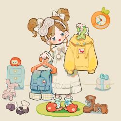 Rule 34 | 1girl, analog clock, ankle socks, apple, bear slippers, belt, blue belt, blue bow, blue eyes, blue pants, blue socks, blush stickers, boots, bow, bowtie, brown bow, brown bowtie, brown footwear, brown hair, carpet, chest of drawers, child, clock, collar, collared dress, commentary, cross-laced footwear, denim, dress, english commentary, floral print, flower, food, food print, footwear bow, frilled collar, frilled sleeves, frills, fruit, full body, gift, grey background, hair bow, half-closed eyes, head tilt, high collar, holding clothes hanger, hood, hood down, hoodie, indoors, jeans, lace-trimmed nightgown, lace trim, long dress, long sleeves, looking at object, mary janes, mask, mask on head, nightgown, open mouth, orange footwear, original, pants, pom pom (clothes), purple footwear, putong xiao gou, shadow, shoes, short hair, short twintails, simple background, sleep mask, slippers, socks, solo, straight-on, strawberry print, striped clothes, striped socks, stuffed animal, stuffed rabbit, stuffed toy, twintails, two-tone socks, unworn hoodie, unworn shoes, unworn socks, white bow, white flower, white mask, white nightgown, white socks, yellow hood