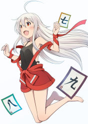 Rule 34 | 10s, 1girl, :d, ahoge, ao (aokisora ao), arms up, backless outfit, barefoot, black shirt, blush, breasts, chiya (urara meirochou), collarbone, commentary request, fang, full body, hair between eyes, jumping, long hair, open mouth, red eyes, red ribbon, red skirt, ribbon, shirt, sidelocks, silver hair, simple background, skirt, sleeveless, sleeveless shirt, small breasts, smile, solo, urara meirochou, very long hair, white background