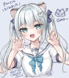 Rule 34 | 1girl, :d, animal ears, blue bow, blue eyes, blue nails, blush, bow, breasts, claw pose, commentary request, fang, gao, grey background, grey hair, hair between eyes, hair bow, hands up, highres, kohinata hoshimi, long hair, looking at viewer, nail polish, open mouth, original, puffy short sleeves, puffy sleeves, sailor collar, shirt, short sleeves, signature, simple background, sketch, small breasts, smile, solo, tiger ears, tiger hair ornament, translation request, twintails, upper body, white sailor collar, white shirt