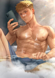 Rule 34 | 1boy, abs, bara, bathing, blonde hair, blush, closed mouth, earrings, highres, holding, holding phone, indoors, jewelry, large pectorals, looking at phone, luca (mondi hl), male focus, mondi hl, muscular, muscular male, navel, nipples, original, pectorals, phone, short hair, soap, solo, towel, towel around waist, twitter username, water