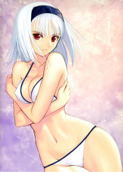 Rule 34 | 1girl, absurdres, albino, bikini, blanc neige, breast hold, breasts, cleavage, cowboy shot, gradient background, hairband, halterneck, highres, leaning to the side, legs together, narrow waist, navel, pink background, purple background, red eyes, sega, shining (series), shining tears, skindentation, solo, standing, stomach, string bikini, swimsuit, thighs, tony taka, white bikini, white hair, wide hips