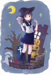 Rule 34 | 1girl, black eyes, black hair, black socks, blue skirt, candy, casket, commentary, crescent moon, cross, food, fubuki (kancolle), halloween, hat, highres, holding, holding candy, holding food, jack-o&#039;-lantern, kantai collection, lollipop, looking at viewer, low ponytail, ma rukan, moon, pleated skirt, ponytail, school uniform, serafuku, short hair, short ponytail, short sleeves, sidelocks, skirt, socks, solo, tongue, tongue out, witch hat