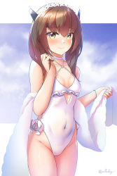 Rule 34 | 1girl, anchor ornament, arthur ko, bare arms, bare legs, bare shoulders, blush, brown eyes, brown hair, casual one-piece swimsuit, choker, closed mouth, collarbone, cosplay, covered navel, cowboy shot, flower, frilled one-piece swimsuit, frilled swimsuit, frills, groin, hair between eyes, headgear, highleg, highleg swimsuit, highres, kantai collection, one-piece swimsuit, sagiri (kancolle), sagiri (kancolle) (cosplay), shawl, short hair, side-tie swimsuit, smile, solo, swimsuit, taihou (kancolle), thighs, twitter username, white choker, white flower, white one-piece swimsuit, white shawl