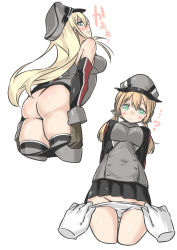 Rule 34 | ..., 10s, 2girls, ?, anchor hair ornament, arms behind back, ass, bad id, bad twitter id, bare shoulders, bismarck (kancolle), black gloves, black panties, black skirt, blonde hair, blue eyes, blush, breasts, closed mouth, covered navel, cowboy shot, cropped legs, detached sleeves, disembodied hand, ebifurya, eyebrows, female focus, from behind, gloves, green eyes, grey legwear, groin, hair ornament, hat, highres, inactive account, kantai collection, large breasts, long hair, looking back, looking down, miniskirt, multiple girls, panties, panty pull, peaked cap, pleated skirt, prinz eugen (kancolle), profile, pulled by self, pulling another&#039;s clothes, sidelocks, simple background, skirt, sleeve cuffs, thigh gap, thighhighs, twintails, underwear, white background, white panties
