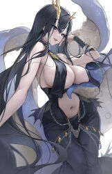 Rule 34 | 1girl, antlers, asymmetrical antlers, azur lane, bandaged arm, bandages, black dress, black hair, blue eyes, breasts, chain, dress, eyelashes, golden hind (azur lane), hair between eyes, highres, horns, large breasts, long hair, looking at viewer, mole, mole under mouth, open mouth, simple background, sleeveless, sleeveless dress, solo, tentacles, ttosom, very long hair, white background