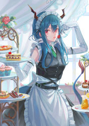 Rule 34 | 1girl, alternate costume, apron, arknights, black dress, black ribbon, blue hair, breasts, cake, cake slice, ch&#039;en (arknights), cherry, chinese commentary, commentary request, cookie, cowboy shot, cup, cupcake, dragon girl, dragon horns, dragon tail, dress, drink, elbow gloves, enmaided, food, fruit, gloves, hair between eyes, hair ribbon, highres, holding, holding food, holding fruit, holding plate, horns, long hair, luren max, maid, maid apron, maid headdress, open mouth, plate, red eyes, ribbon, sidelocks, small breasts, solo, tail, white apron, white gloves