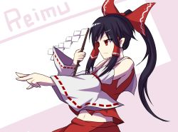 Rule 34 | 1girl, alternate hairstyle, bare shoulders, black hair, bow, character name, detached sleeves, gohei, hair bow, hair tubes, hakuhou (ende der welt), hakurei reimu, japanese clothes, long hair, midriff, miko, navel, ponytail, profile, red eyes, simple background, solo, touhou