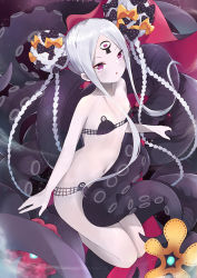 Rule 34 | 1girl, :o, abigail williams (fate), abigail williams (swimsuit foreigner) (fate), abigail williams (swimsuit foreigner) (first ascension) (fate), bare arms, bare shoulders, bikini, black bikini, black bow, bow, collarbone, commentary request, double bun, fate/grand order, fate (series), hair bow, hair bun, highres, kobi (piliheros2000), long hair, looking at viewer, navel, orange bow, pale skin, parted bangs, parted lips, polka dot, polka dot bow, purple eyes, seiza, sidelocks, silver hair, sitting, solo, strapless, strapless bikini, suction cups, swimsuit, tentacles, v-shaped eyebrows, very long hair
