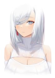 Rule 34 | 1girl, absurdres, bare shoulders, breasts, cleavage, cleavage cutout, closed mouth, clothing cutout, earrings, elbow gloves, eyeshadow, genshin impact, gloves, grey eyes, grey hair, highres, jewelry, large breasts, long hair, looking at viewer, lordol, makeup, portrait, shenhe (genshin impact), simple background, solo, sweater, tassel, tassel earrings, white background, white sweater