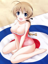 Rule 34 | 1girl, ahoge, barefoot, blue eyes, braid, breasts, brown hair, casual one-piece swimsuit, cleavage, hyokkori tamago, kneeling, large breasts, long hair, looking at viewer, lynette bishop, one-piece swimsuit, open mouth, single braid, sitting, solo, strike witches, swimsuit, v arms, wariza, world witches series