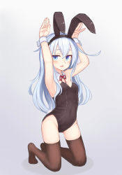 Rule 34 | 1girl, animal ears, armpits, bad id, bad pixiv id, black leotard, blue eyes, brown thighhighs, detached collar, fake animal ears, full body, gradient background, grey background, hibiki (kancolle), highres, kantai collection, kneeling, leotard, long hair, looking at viewer, neck ribbon, no shoes, open mouth, playboy bunny, rabbit ears, rabbit girl, rabbit pose, rabbit tail, red ribbon, reitou mikan, ribbon, silver hair, solo, strapless, strapless leotard, tail, thighhighs, wrist cuffs