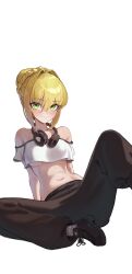 Rule 34 | 1girl, absurdres, alternate costume, apopo, black pants, blonde hair, blush, braid, breasts, cropped shirt, crown braid, fate/grand order, fate (series), hair bun, hair intakes, headphones, headphones around neck, highres, knee up, light smile, looking at viewer, medium breasts, navel, nero claudius (fate), nero claudius (fate) (all), off-shoulder shirt, off shoulder, pants, shirt, simple background, single hair bun, sitting, solo, spread legs, transparent background, underboob