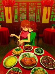 Rule 34 | 2girls, architecture, bare arms, bare shoulders, braided hair rings, breasts, brown hair, chair, china dress, chinese clothes, closed mouth, commentary, dress, east asian architecture, food, food request, green eyes, green jacket, high collar, highres, hug, hug from behind, indoors, jacket, kagenoyuhi, lantern, long sleeves, looking at another, meat, medium hair, multiple girls, original, paper lantern, perspective, plate, purple eyes, restaurant, rice, sauce, sleeveless, sleeveless dress, sleeves past fingers, sleeves past wrists, small breasts, smile, symbol-only commentary, table, tablecloth, tangzhuang, tassel, vase, wide sleeves, wooden floor
