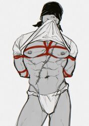 Rule 34 | 1boy, abs, absurdres, arms behind back, bandana over eyes, bara, bare pectorals, bulge, clothes in mouth, come hither, covered eyes, feet out of frame, fundoshi, highres, japanese clothes, large pectorals, male focus, mouth hold, muscular, muscular male, navel, nipples, no pants, one piece, pectorals, presenting, red rope, rope, roronoa zoro, shibari, shirt in mouth, smirk, smokerichi, solo, spot color, standing, stitches, stomach, underbust, underpec