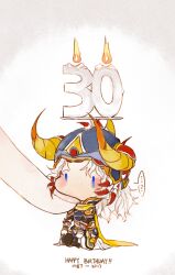 Rule 34 | 1boy, blue eyes, candle, cape, cheek squash, chibi, fake horns, fermium.ice, final fantasy, final fantasy i, gloves, happy birthday, helmet, horned helmet, horns, long hair, male focus, mini person, miniboy, poking, seiza, sitting, solid oval eyes, solo, warrior of light (ff1), white background, white gloves, white hair, yellow cape
