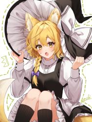 Rule 34 | 1girl, :o, animal ear fluff, animal ears, apron, black hat, black skirt, black socks, black vest, blonde hair, bow, braid, closed mouth, commentary request, cosplay, dotted line, enoki 3106, feet out of frame, fox ears, fox tail, frilled hat, frills, hair between eyes, hair bow, hand on headwear, hat, hat bow, kirisame marisa, kirisame marisa (cosplay), knees up, long hair, long sleeves, purple bow, shirt, signature, single braid, skirt, socks, solo, tail, touhou, vest, waist apron, white apron, white bow, white shirt, wild and horned hermit, witch hat, yellow eyes, youkai fox (wild and horned hermit)