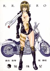 Rule 34 | 1girl, asou gatou, blonde hair, bodysuit, boots, breasts, dark persona, eyewear on head, highres, hinomoto reiko, large breasts, looking at viewer, motor vehicle, motorcycle, no bra, rowdy reiko, rumble roses, short hair, simple background, solo, tattoo, translation request, unzipped, vehicle, white background
