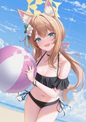 Rule 34 | 1girl, absurdres, animal ear fluff, animal ears, ball, beachball, bikini, black bikini, black choker, blue archive, blue eyes, blue sky, cat ears, cat girl, choker, commentary, cowboy shot, day, flower, frilled bikini, frills, hair flower, hair ornament, halo, highres, holding, holding ball, holding beachball, long hair, mari (blue archive), navel, open mouth, orange hair, outdoors, ponytail, rama (yu-light8), side-tie bikini bottom, sky, solo, swimsuit, yellow halo