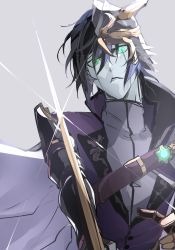 Rule 34 | 1boy, bad id, bad pixiv id, black hair, bleach, cape, facial mark, green eyes, grey background, hair between eyes, headpiece, highres, hishui prpr, holding, holding sword, holding weapon, jacket, looking at viewer, male focus, open clothes, open jacket, parted lips, purple jacket, short hair, sketch, slit pupils, solo, sparkle, sword, ulquiorra cifer, weapon, white cape