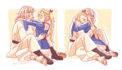 Rule 34 | 2girls, blonde hair, blue dress, blush, boots, braid, brown footwear, closed mouth, commentary, dress, dungeon meshi, elf, english commentary, falin touden, falin touden (tallman), french braid, hair ribbon, hands on another&#039;s back, highres, hug, light brown hair, long sleeves, marcille donato, multiple girls, open mouth, pointy ears, ponytail, red ribbon, ribbon, robe, sandals, short hair, smile, soaptaculart, twitter username, white robe, yuri