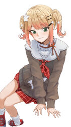 Rule 34 | 1girl, art mu, brown sweater, gradient hair, green eyes, hair ornament, hairclip, highres, hololive, lace collar, looking at viewer, momosuzu nene, momosuzu nene (casual), multicolored hair, neckerchief, plaid, plaid neckerchief, plaid skirt, red footwear, red neckerchief, red skirt, sailor collar, shoes, short twintails, sitting, skirt, smile, sneakers, socks, solo, star (symbol), star hair ornament, sweater, twintails, virtual youtuber, white background, white socks
