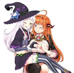 Rule 34 | 2girls, :3, :d, ahoge, arm around waist, black capelet, black gloves, black headwear, blonde hair, blunt bangs, blush, braid, breasts, bright pupils, brooch, capelet, cleavage, cleavage cutout, clothing cutout, dragon girl, dragon horns, fingernails, flat chest, gloves, green eyes, hairband, hat, hat ornament, heart, heart hands, heart hands duo, highres, hololive, horns, hota, huge breasts, jewelry, kiryu coco, kiryu coco (1st costume), large breasts, long hair, looking at viewer, midriff, miniskirt, multicolored eyes, multicolored hair, multiple girls, murasaki shion, murasaki shion (1st costume), navel, one eye closed, open mouth, orange eyes, orange hair, purple eyes, purple vest, side braid, sidelocks, silver hair, simple background, single braid, single thighhigh, sitting, sitting on lap, sitting on person, skirt, smile, star (symbol), star hat ornament, streaked hair, thighhighs, vest, virtual youtuber, white background