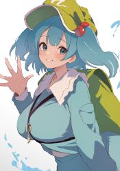 Rule 34 | 1girl, absurdres, backpack, bag, blue eyes, blue hair, blue jacket, blue skirt, blush, breasts, cabbie hat, commentary request, flat cap, green bag, green hat, grin, hair bobbles, hair ornament, hat, highres, jacket, jewelry, kawashiro nitori, key, key necklace, large breasts, long sleeves, looking at viewer, medium hair, moriforest1040, necklace, pocket, shirt, simple background, skirt, skirt set, smile, solo, touhou, two side up, undershirt, upper body, waving, white background, white shirt