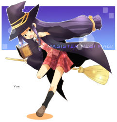 Rule 34 | 00s, 1girl, ayase yue, book, broom, broom riding, character name, copyright name, floating, floating book, floating object, full body, grimoire, hat, holding, kneehighs, loafers, long hair, long sleeves, looking at viewer, low-tied long hair, mahou sensei negima!, purple hair, running, school uniform, shoes, socks, solo, standing, very long hair, wawaway, witch hat