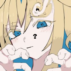 Rule 34 | 1girl, ?, blonde hair, blue eyes, blue hair, blush, claw pose, close-up, closed mouth, colored eyelashes, colored inner hair, commentary, distortion, expressionless, half-closed eyes, hands up, highres, horse girl, long hair, looking at viewer, mokkedon, multicolored hair, neo universe (umamusume), portrait, solo, swirl, umamusume