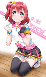 Rule 34 | 1girl, alternate hairstyle, badge, bangle, black gloves, black thighhighs, blush, bracelet, breast pocket, breasts, button badge, character name, collar, collarbone, collared shirt, cyaron! (love live!), earrings, english text, fingerless gloves, frills, gloves, green eyes, hair between eyes, hair ornament, hairclip, half gloves, highres, jewelry, kurosawa ruby, looking at viewer, love live!, love live! school idol festival, love live! sunshine!!, medium hair, multicolored clothes, multicolored shirt, multicolored skirt, pink collar, pleated skirt, pocket, red hair, shirt, shoes, short sleeves, side ponytail, simple background, single glove, sitting, skirt, small breasts, smile, sneakers, solo, star (symbol), star earrings, sweatband, thighhighs, wariza, white background, white footwear, wooden floor, x hair ornament, yopparai oni