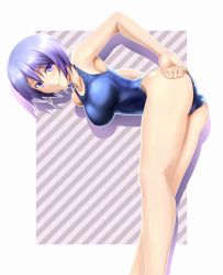 Rule 34 | 1girl, adjusting clothes, adjusting swimsuit, ass, bent over, blue hair, breasts, competition swimsuit, kneepits, kokutou, large breasts, legs, maji de watashi ni koi shinasai!, one-piece swimsuit, purple eyes, purple hair, shiina miyako, short hair, solo, swimsuit, thighs, wet