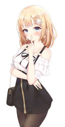 Rule 34 | 1girl, absurdres, bag, black pantyhose, black skirt, blonde hair, blue eyes, closed mouth, earrings, finger to mouth, frilled shirt, frills, hair ornament, hairclip, handbag, heart, heart earrings, high-waist skirt, highres, hololive, hololive english, jewelry, looking at viewer, neck ribbon, off-shoulder shirt, off shoulder, okey, pantyhose, ribbon, shirt, short hair, short sleeves, shushing, skirt, smile, solo, suspender skirt, suspenders, virtual youtuber, watson amelia, watson amelia (street casual), white shirt, zipper skirt