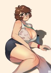 Rule 34 | 1girl, absurdres, artist name, black skirt, blush, bracelet, breasts, brown background, brown eyes, brown hair, cleavage, collared shirt, dated, highres, id card, jewelry, large breasts, looking at viewer, lying, olverse, on side, original, pencil skirt, shirt, short hair, skirt, smile, snowcie, snowciel, solo, white shirt