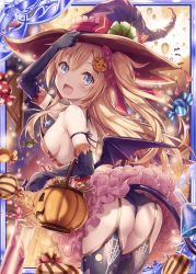 Rule 34 | 1girl, akkijin, alchemist (shinkai no valkyrie), armpits, ass, back, balloon, bare shoulders, bat wings, blonde hair, blue eyes, bottle, breasts, candy, card (medium), demon tail, elbow gloves, food, full moon, garter straps, gloves, hair ornament, hair ribbon, halloween, halloween costume, hat, hat ribbon, jack-o&#039;-lantern, looking at viewer, medium breasts, medium hair, moon, night, night sky, official art, open mouth, pumpkin, purple gloves, red ribbon, ribbon, shinkai no valkyrie, sky, spider web print, tail, thighhighs, thong, twintails, wings, witch, witch hat
