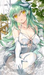 Rule 34 | 1girl, bare shoulders, blush, breasts, cleavage, collarbone, dragon girl, dragon horns, elbow gloves, fate (series), gloves, green hair, highres, horns, kiyohime (fate), large breasts, long hair, looking at viewer, morizono shiki, parted lips, plant, smile, solo, thighhighs, thighs, white gloves, white thighhighs, yellow eyes