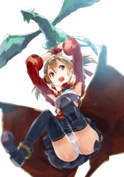 Rule 34 | 10s, 1girl, armpits, blurry, brown hair, chest plate, depth of field, detached sleeves, dragon, fingerless gloves, from below, gloves, hair ornament, panties, pantyshot, pina (sao), red eyes, red gloves, silica, solo, sword art online, twintails, underwear, white panties, yuugen