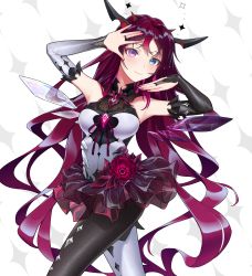 Rule 34 | asymmetrical legwear, bad id, bad pixiv id, breasts, crystal, detached sleeves, detached wings, eyebrows hidden by hair, heterochromia, highres, hololive, hololive english, horns, irys (hololive), long hair, mismatched legwear, nail, nail polish, nunsori, pantyhose, pointy ears, red hair, single thighhigh, solo, thighhighs, two-tone dress, very long hair, virtual youtuber, wings