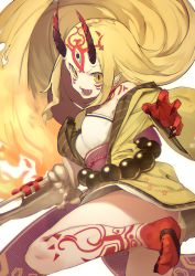 Rule 34 | 1girl, absurdres, barefoot, blonde hair, colored skin, earrings, facial mark, fang, fate/grand order, fate (series), forehead mark, from side, highres, horns, ibaraki douji (fate), jewelry, medium hair, multicolored skin, nanao (aoyamahikari), open mouth, pointy ears, simple background, solo, white background, yellow eyes