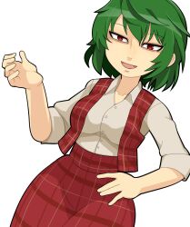 Rule 34 | 1girl, akira (cookie), breasts, buttons, commentary request, cookie (touhou), cowboy shot, dutch angle, green hair, hair between eyes, hospital king, kazami yuuka, large breasts, long bangs, looking at viewer, open mouth, plaid, plaid skirt, plaid vest, red eyes, red skirt, red vest, shirt, short hair, short sleeves, simple background, skirt, smile, solo, touhou, vest, white background, white shirt
