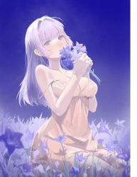 Rule 34 | 1girl, absurdres, bare legs, blue eyes, blue flower, blurry, blurry foreground, border, bouquet, breasts, cleavage, dress, field, flower, flower field, hair intakes, highres, holding, holding bouquet, long hair, medium breasts, off shoulder, original, short dress, silver hair, sitting, sleeveless, sleeveless dress, solo, straight hair, strap slip, sundress, white border, white dress, white flower, yinghuahua