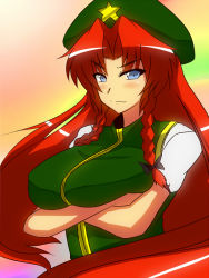 Rule 34 | 1girl, bad id, bad pixiv id, blue eyes, blush, braid, breast hold, breasts, crossed arms, female focus, hat, hong meiling, huge breasts, large breasts, long hair, meicha, red hair, solo, touhou, twin braids