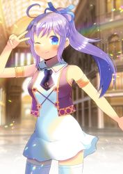 Rule 34 | 1girl, ;), arm up, bare shoulders, blue eyes, blue ribbon, blurry, blurry background, blush, breasts, brown vest, building, closed mouth, commentary request, commission, day, depth of field, dress, hair ribbon, iris mysteria!, kou hiyoyo, long hair, medium breasts, one eye closed, outdoors, patricia (iris mysteria), ponytail, purple hair, ribbon, sidelocks, skeb commission, sleeveless, sleeveless dress, smile, solo, standing, thighhighs, very long hair, vest, white dress, white thighhighs