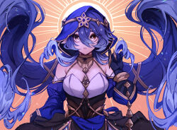 Rule 34 | 1girl, backlighting, bare shoulders, black corset, black gloves, blue hair, blue hood, blue sleeves, breasts, circlet, collar, corset, detached sleeves, diffraction spikes, ears down, fake nails, genshin impact, gloves, gold trim, hair between eyes, hair ornament, hand up, highres, hood, hood up, jewelry, layla (genshin impact), lens flare, long hair, long sleeves, looking at viewer, medium breasts, metal collar, multicolored clothes, neck ring, open mouth, pointy ears, puffy detached sleeves, puffy long sleeves, puffy sleeves, simple background, solo, standing, star (symbol), star hair ornament, sun, sunburst, sunburst background, twintails, upper body, usekh collar, very long hair, white bustier, wrist cuffs, yellow background, yellow collar, yellow eyes, yellow nails, yellow wrist cuffs, yuuanai