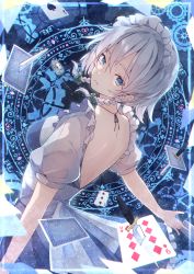 Rule 34 | 1girl, backless dress, backless outfit, blue dress, blue eyes, braid, card, chiroru (cheese-roll), clock, closed mouth, dress, grey hair, hair between eyes, highres, izayoi sakuya, knife, looking at viewer, looking back, looking to the side, magic circle, maid, maid headdress, playing card, puffy short sleeves, puffy sleeves, see-through, see-through sleeves, short hair, short sleeves, shoulder blades, solo, touhou, twin braids, upper body
