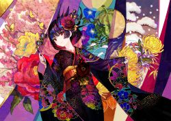 Rule 34 | 1girl, black hair, black kimono, bug, butterfly, camellia print, colorful, floral print, flower, food, fruit, fuzichoco, glasses, hair ornament, hairpin, holding, insect, japanese clothes, kimono, long sleeves, looking at viewer, nail polish, obi, opera glasses, original, print kimono, red eyes, red flower, rose, sash, seasons, short hair, smile, solo, spider lily, watermelon, wide sleeves, yellow flower, yukata
