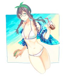 Rule 34 | 10s, 1girl, alternate costume, alternate hairstyle, asymmetrical hair, bare shoulders, beach, bikini, black hair, blush, braid, breasts, brown-framed eyewear, burger, closed mouth, cola, collarbone, cowboy shot, cropped legs, cup, disposable cup, food, glasses, green eyes, green hairband, hairband, halterneck, halterneck, highres, kantai collection, long hair, looking at viewer, navel, ooyodo (kancolle), open clothes, open shirt, plaid, plaid shirt, semi-rimless eyewear, shirt, short sleeves, small breasts, smile, solo, stomach, swimsuit, twin braids, under-rim eyewear, white bikini, yuuji (and)