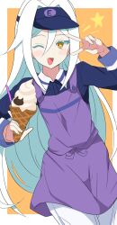 Rule 34 | 1girl, absurdres, apron, blush stickers, colored eyelashes, food, hat, highres, holding, holding food, holding ice cream, ice cream, kiratto pri chan, long hair, one eye closed, open mouth, pretty series, purple apron, purple hat, shiraie, solo, solulu, star (symbol), symbol-shaped pupils, v, very long hair, visor cap, white hair, yellow eyes
