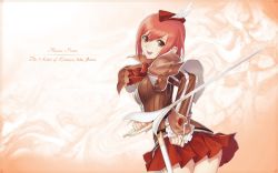 Rule 34 | 1girl, beret, bow, bowtie, breasts, brown eyes, female focus, formal, gradient background, hat, highres, looking at viewer, official art, official wallpaper, open mouth, red hair, seena kanon, sega, shining (series), shining wind, short hair, skirt, smile, solo, suit, sword, teeth, tongue, tony taka, wallpaper, weapon, white background