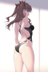Rule 34 | 1girl, adjusting clothes, adjusting swimsuit, armband, bad id, bad twitter id, black one-piece swimsuit, black ribbon, blue eyes, competition swimsuit, fate/grand order, fate (series), gomashio ponz, hair ornament, highres, long hair, looking back, one-piece swimsuit, ribbon, solo, swimsuit, tohsaka rin